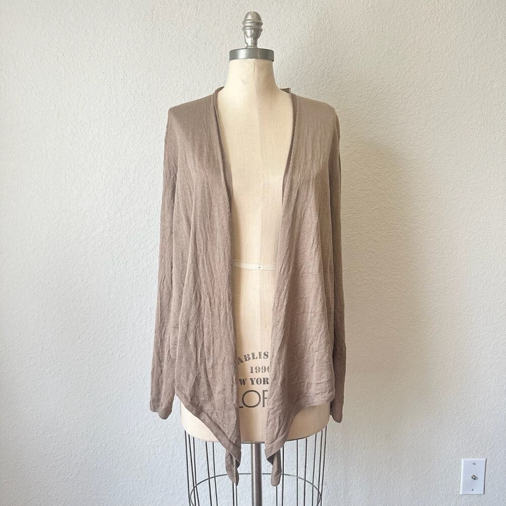 J.JILL Cardigan Sweater Taupe Linen Knit Asymmetric Open Front